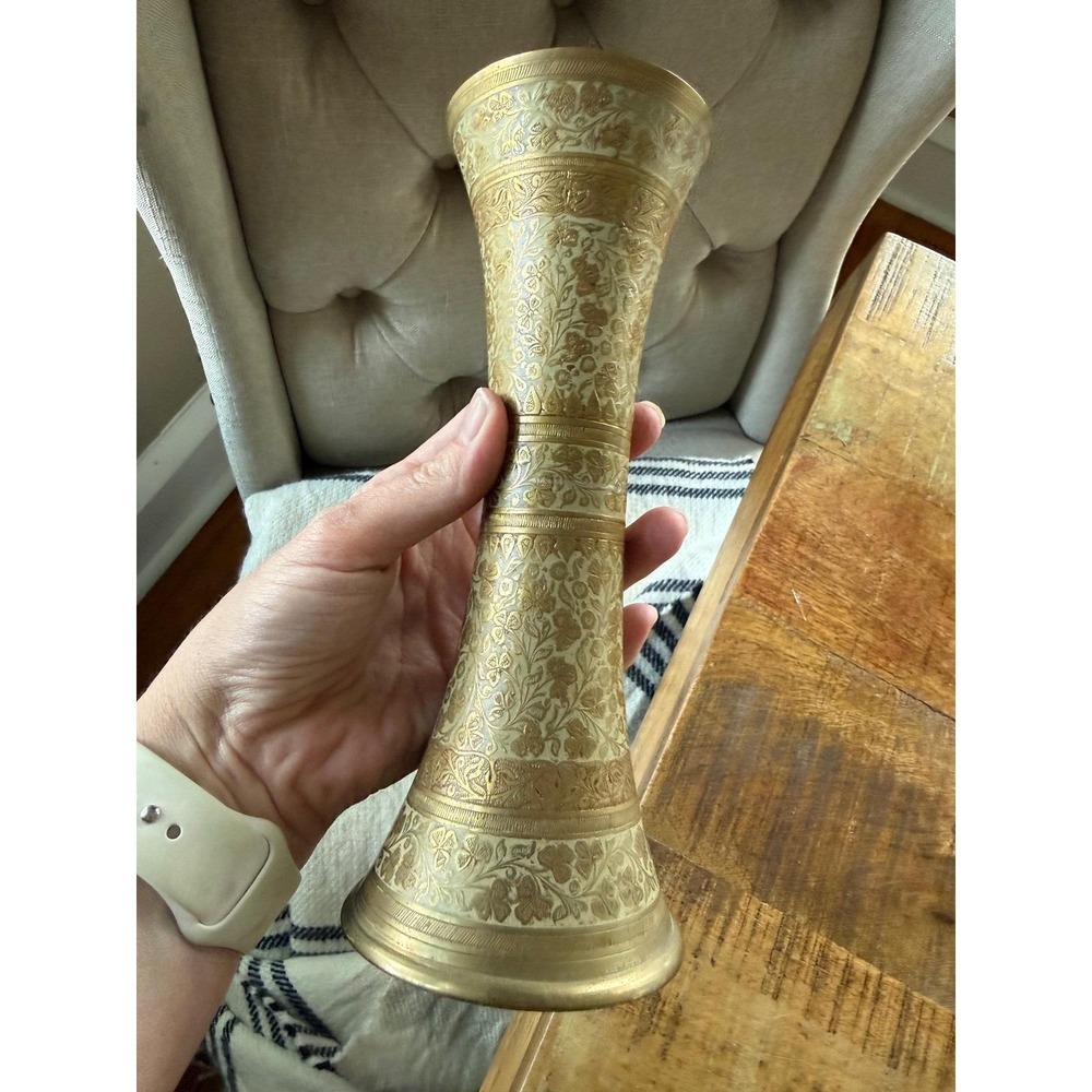 Brass Vintage Bud Vase‎ Gold Etched Floral Enamel India